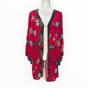 Benares Pink Boho Floral Kimono Jacket M Open Front Duster Robe Mixed Print